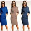 Elegant Women Fashion Sexy Fifth Sleeve Round Neck Pocket Bodycon Cocktail Dress
