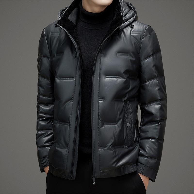 Пуховик с капюшоном, мужская зимняя новая мужская куртка-пуховик из искусственной кожи, пальто, теплая утолщенная кожаная куртка, кожаное пальто