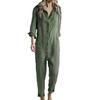 Green Casual Cotton Long Sleeve Jumpsuit with Turn-Down Collar and Pocket