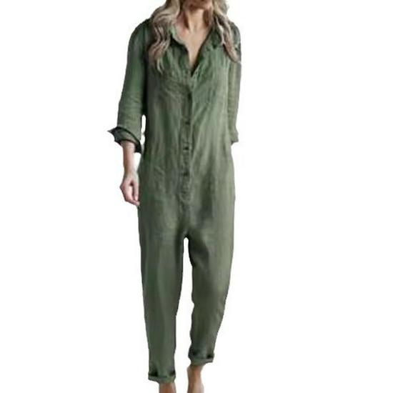 Green Casual Cotton Long Sleeve Jumpsuit with Turn-Down Collar and Pocket