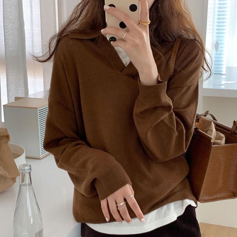 Осенний тонкий вязаный свитер, женский винтажный воротник-поло с длинным рукавом, уличная одежда, пуловер с v-образным вырезом, женская одежда