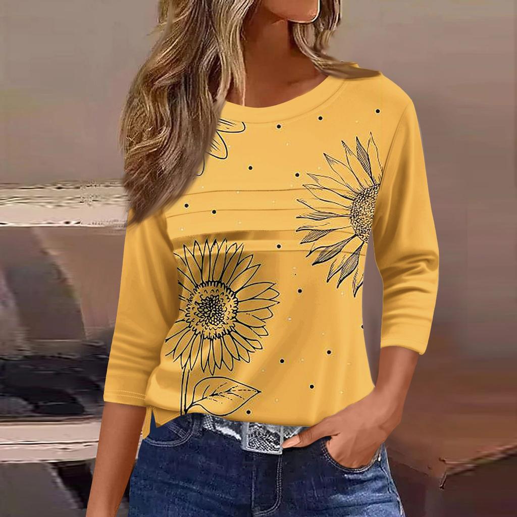 Футболки для женщин, плиссированные, с круглым вырезом, нарядные, повседневные, блузки с принтом, рукав 3/4, летние топы, свободный крой