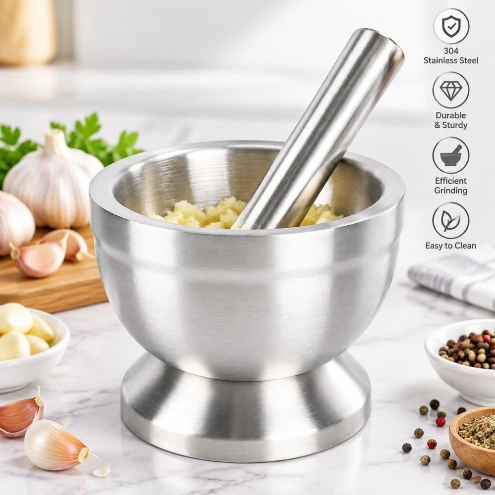 304 Stainless Steel Garlic Mortar Set Silver Mortar and Pestle Set Spice Grinder Bowl Home Kitchen