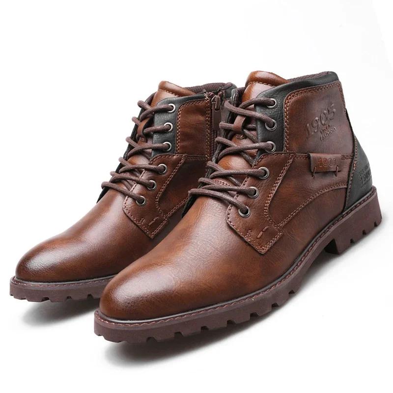 Fashion Leather Men Ankle Boots High Top Outdoor Work Footwear Motorcy Clevintage Cowboy Boot Fashion Men's Casual Shoes Zapatillas Male