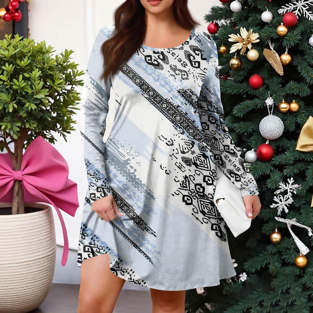 Женское повседневное платье большого размера с градиентным принтом, карманом, круглым вырезом и длинными рукавами, для весны/осени