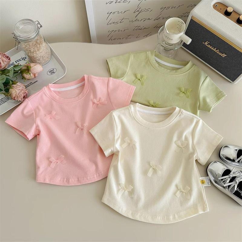 Футболка для девочек с короткими рукавами, летняя, новая, с милым бантом