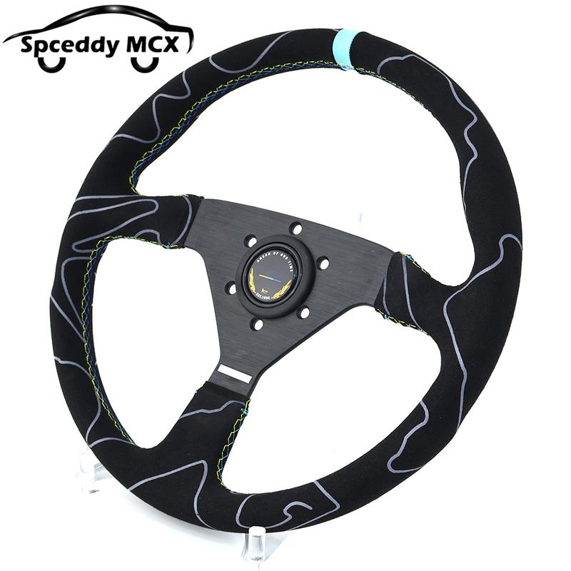 JDM Suede Leather Steering Wheel Drift Sport Pull Up Steering Wheel 14inch 350mm Flat V1