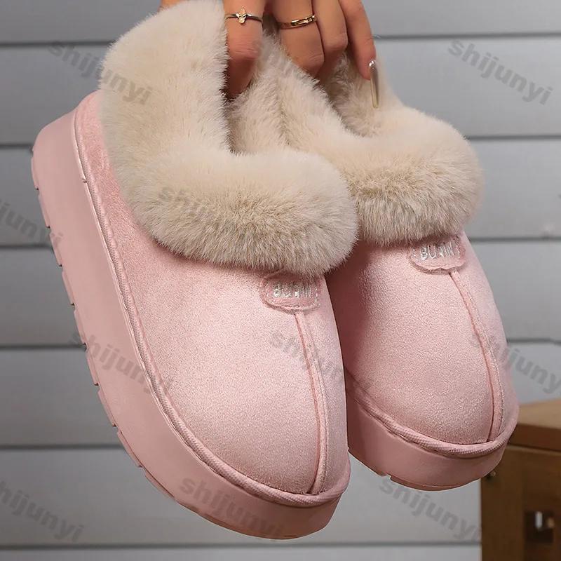 Fashion Women's Flat Warm Faux Fur Snow Boots Winter New Lightweight Slip On Ankle Boots Woman Comfortable Non Slip Slip On Cotton Shoes