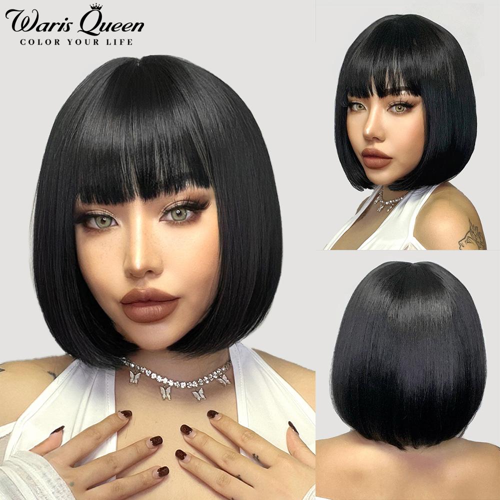 Blonde Red Short Bob Wig Synthetic Wig For Women With Bangs Lolita Cosplay Party Natural Hair Heat Resistant Fiber Wigs