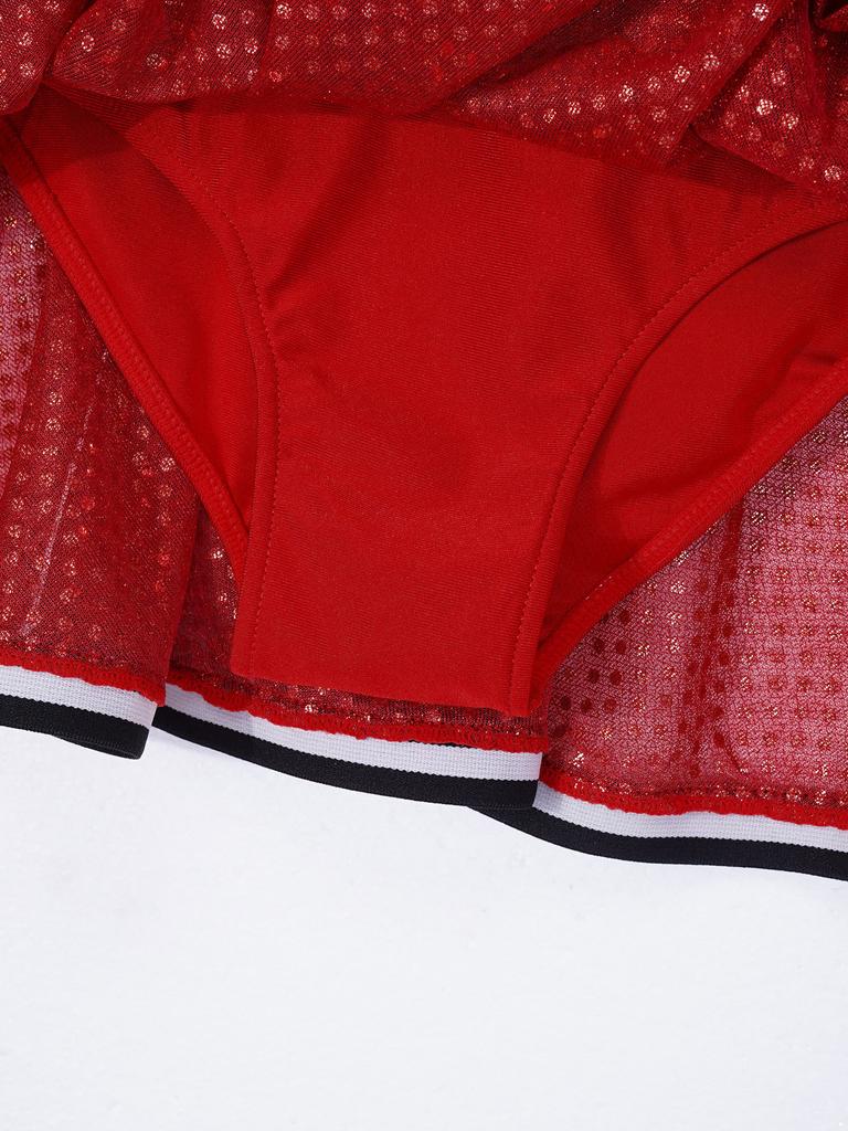 Платье для чирлидинга для девочек, с длинным рукавом, с открытыми плечами, с круглым вырезом, контрастного цвета, с блестящими пайетками, костюм для танцев