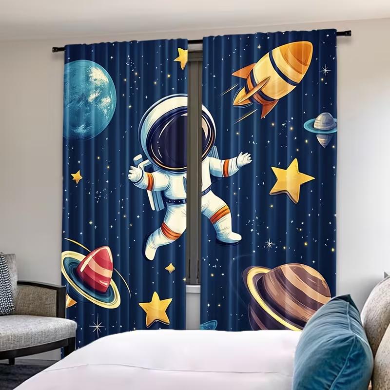 2Pcs Katon Astronaut Planet print curtains,suitable for bedroom,living room kitchen decoration,home decoration,window decoration