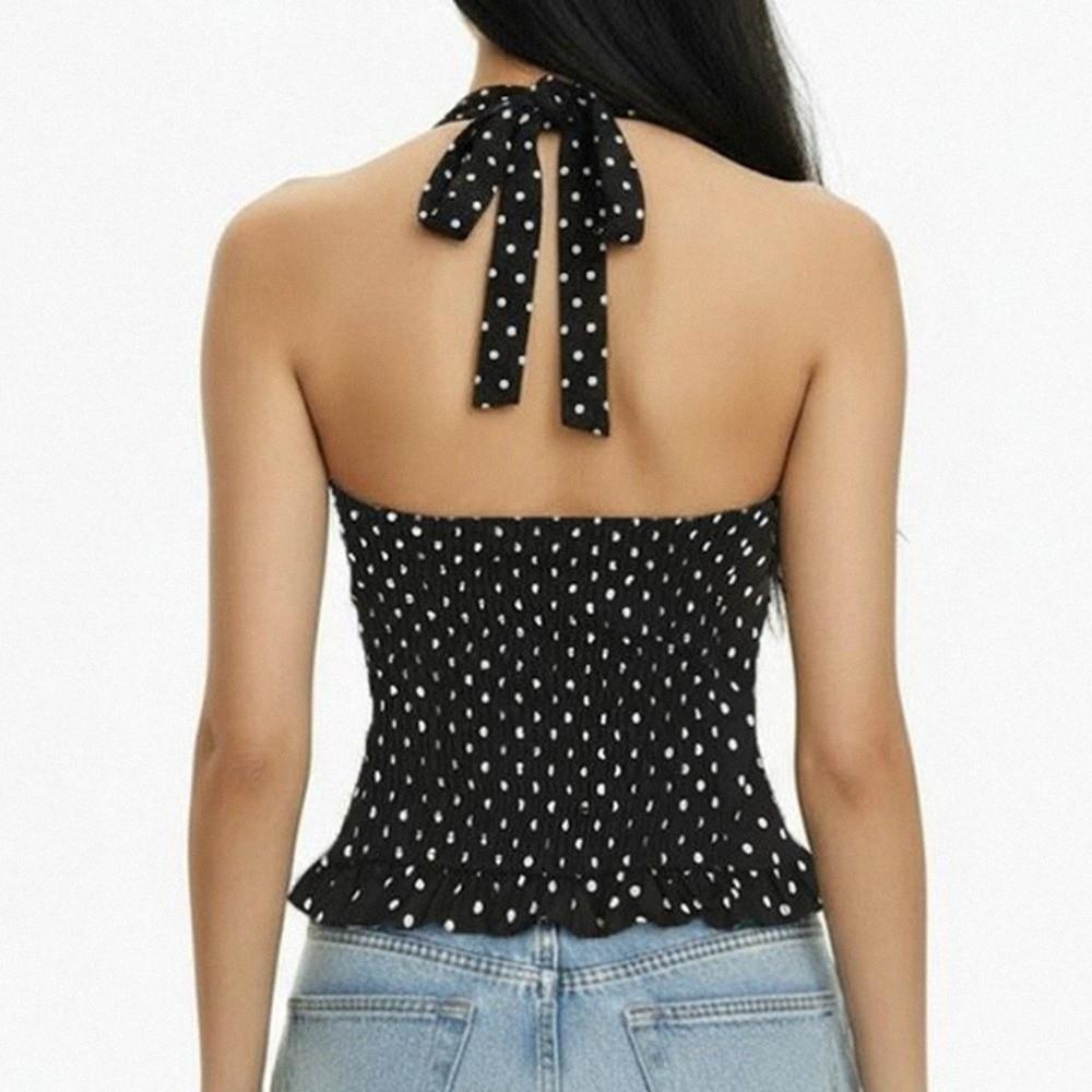 Lace Up Halter Ruffle Vest Top Slim Fit Women Camisole Comfortable Y2k Dot Crop Top Female