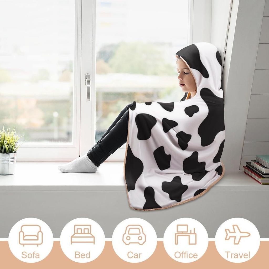 Cow Animal Texture Pattern Hooded Shawl Blanket, Home Outdoor Comfort Flannel Hooded Lazy Blanket