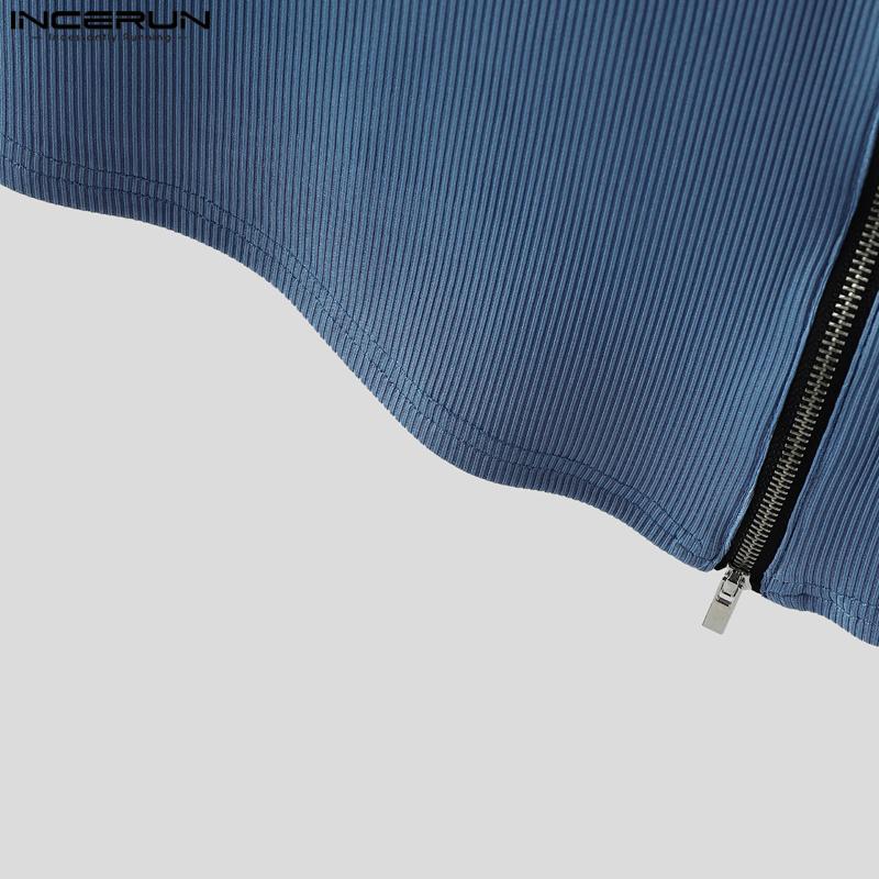 INCERUN Мужские майки без рукавов с V-образным вырезом, однотонные, на молнии, повседневные, в рубчик