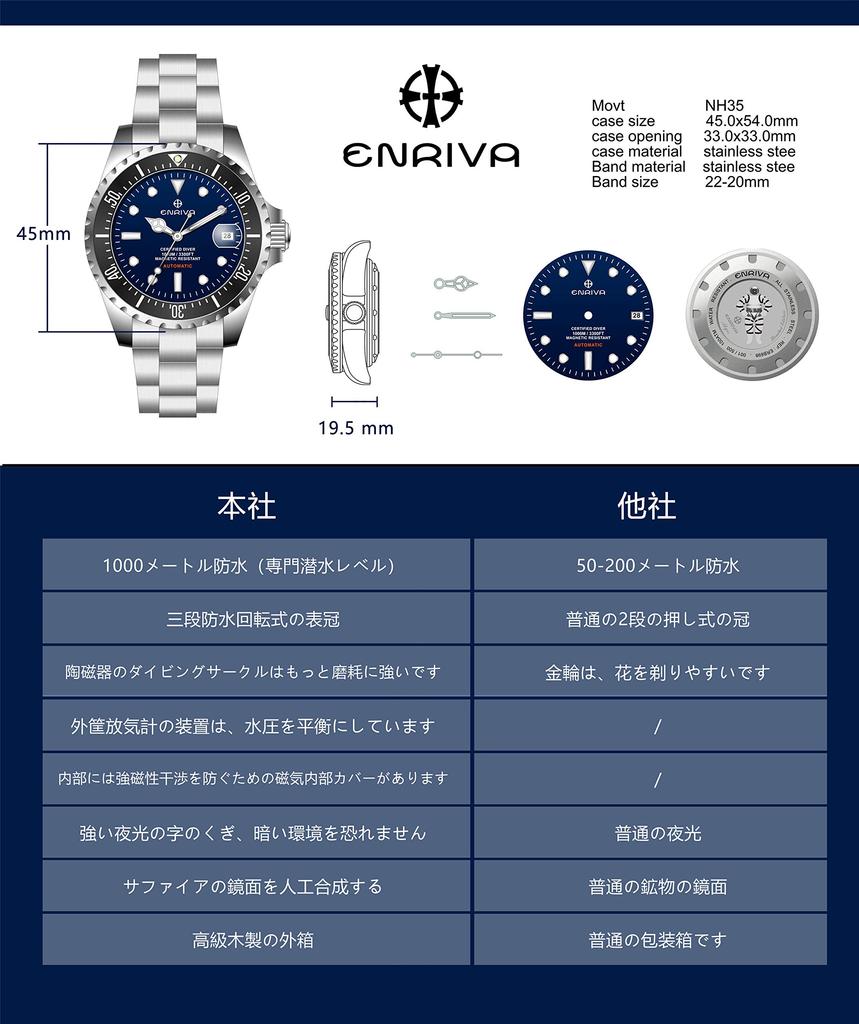 ENRIVA Watch Reverse Rotating Bezel Automatic Watch Date Display 1000m Professional Waterproof NH35 Sports Diver Style Sapphire Glass Diver's