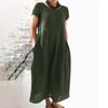 Women Summer Casual Loose Cotton Linen Dress Short Sleeve Solid Color O Neck Pocket Stitching Comfortable