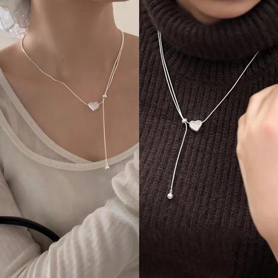 Женское серебряное S925 сердце длинное вязаное регулируемое ожерелье