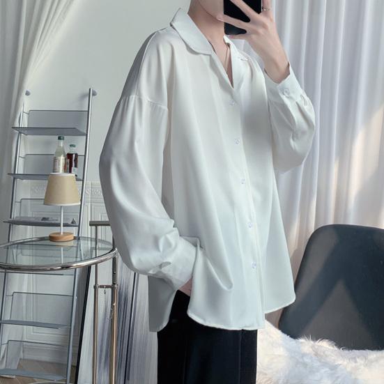 Мужская рубашка с кубинским воротником, длинный рукав, на пуговицах, повседневная рубашка свободного кроя, однотонная рубашка для работы, вечеринок, свиданий