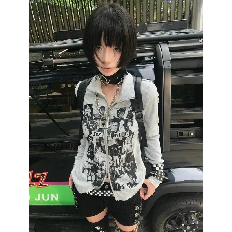 Y2k Harajuku толстовки женские американский ретро панк уличная одежда хип-хоп граффити принт молния толстовка осень