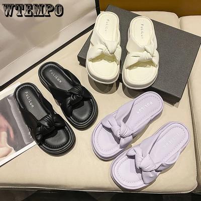 Женские тапочки на толстой подошве, модные уличные модные повседневные сандалии на мягкой подошве, удобные и универсальные, элегантные пляжные повседневные сандалии на плоском каблуке с бантом