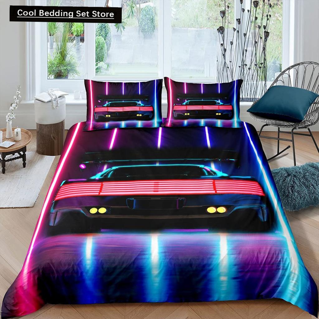 Race Car King Queen Duvet Cover Cool Speed Racing Bedding Set Teens Men Black Sport Car Quilt Cover Polyester Comforter Cover