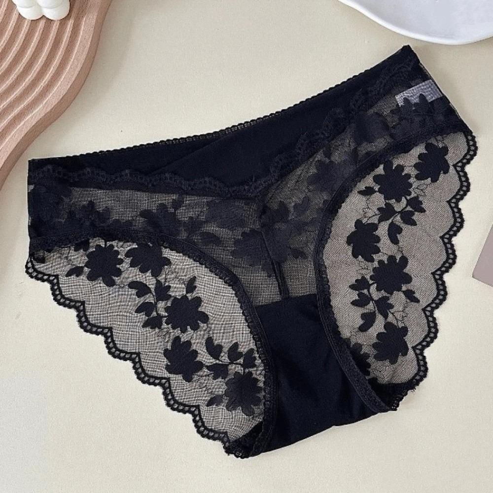 Fashion Mesh Lace Flower Panties Transparent Low Waist French Style Briefs Breathable Women Underwear Summer Spring