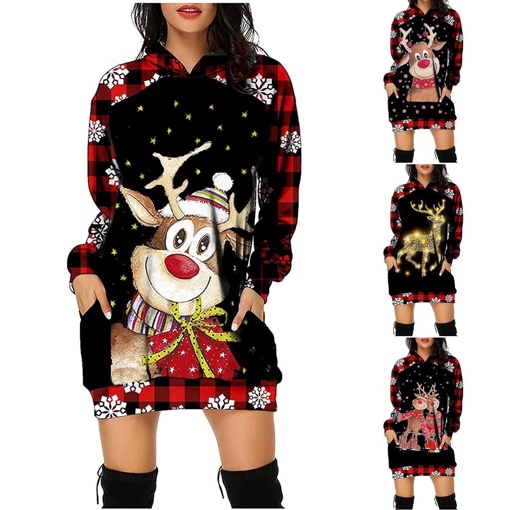 Fashion Womens Loose Christmas Plaid Snowflake Print Long Sleeve With Hooded Dress