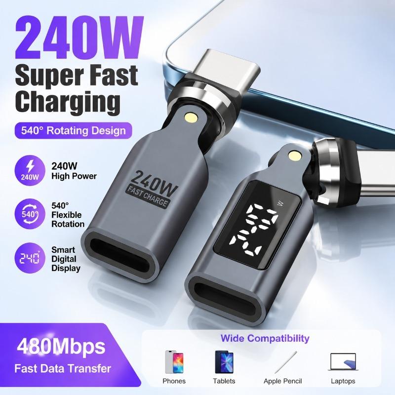 240W Digital Display 540° Rotatable Type-C Elbow Adapter Bendable Fast Charging Connector Compatible with IPhone Xiaomi Stylus