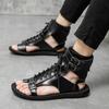 Fashion Summer New Men Gladiators Lace Up Buckle Leather Casual Shoes Breathable Beach Sandals Outdoor Slippers Black White Plus Size