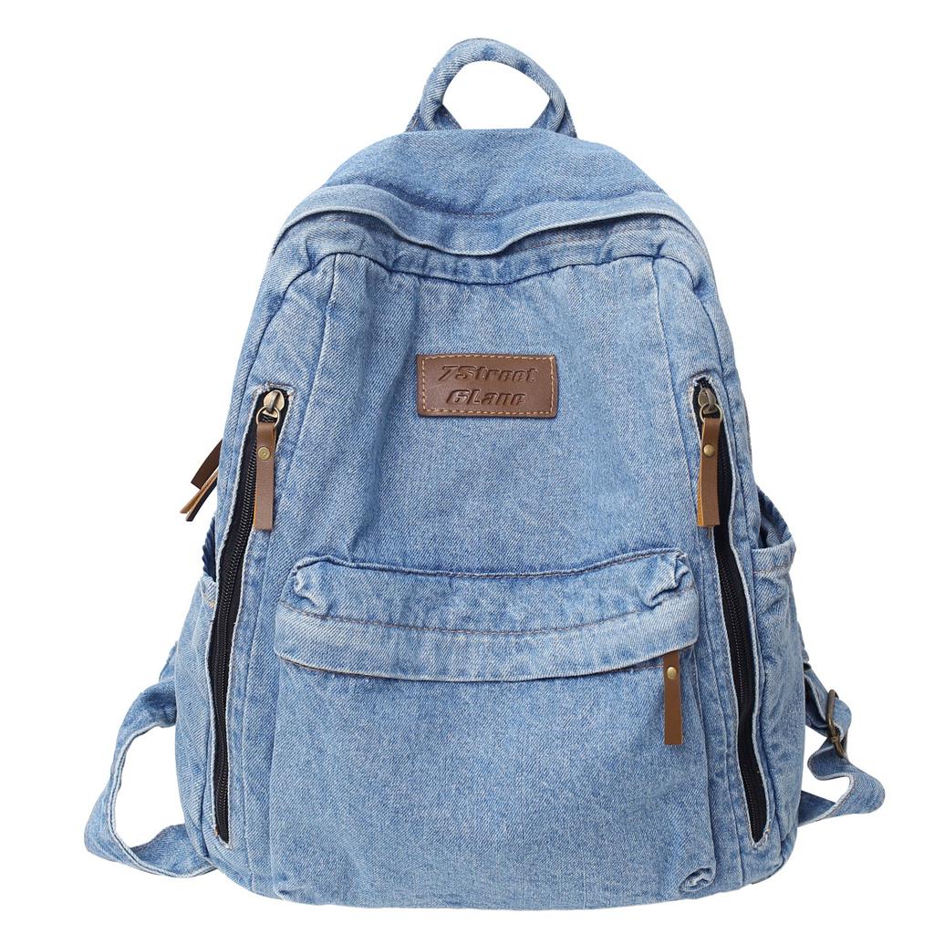 Fashion New Fashion Simple Trend Backpack Large Capacity Durable Denim Bag University High School Junior High School Student Bag
