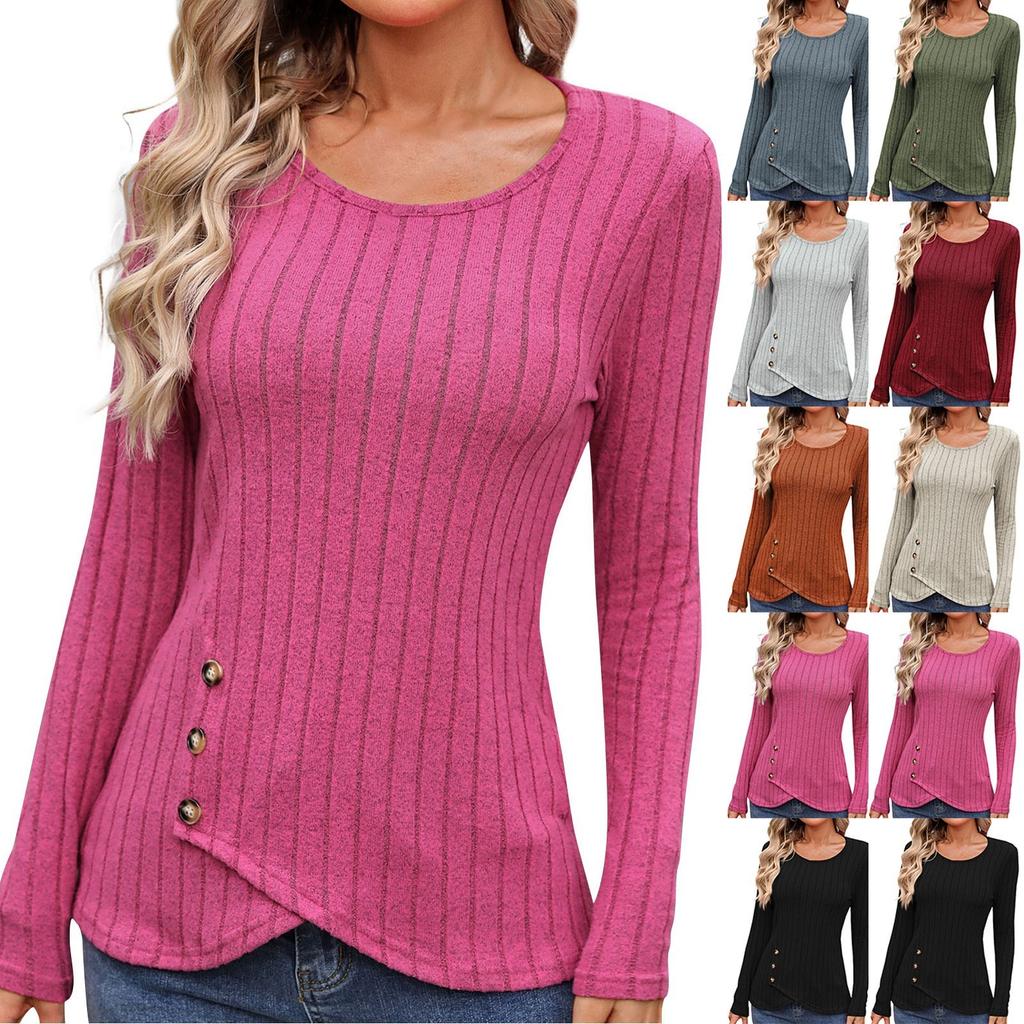 Women's Fashionable Round Neck Long Sleeved Button Temperament Commuting Casual Pullover T-shirt Top
