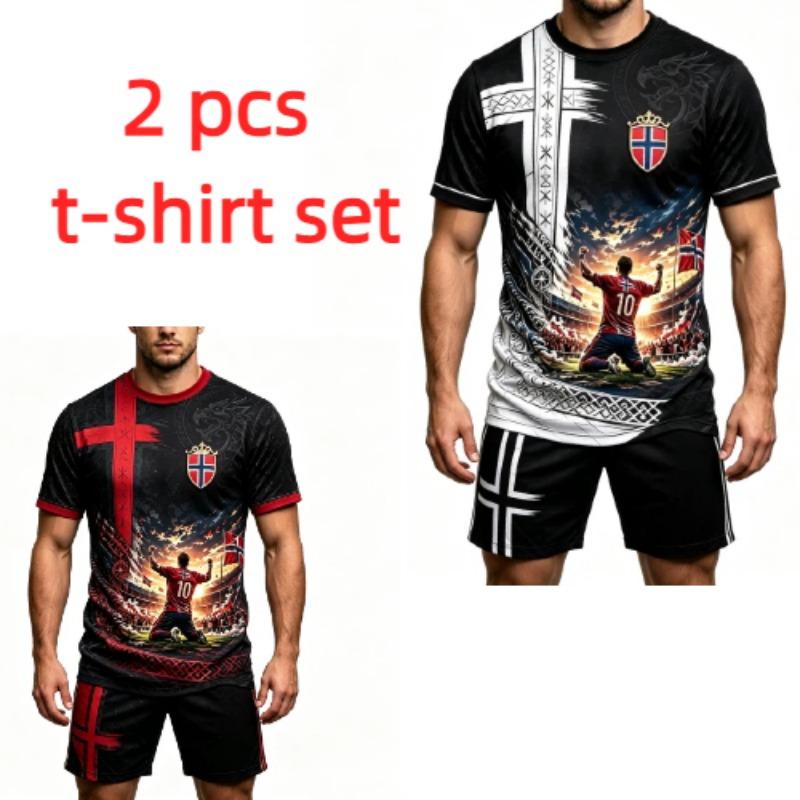 Summer Fashion Norge Badge Norway Football Printed Round Neck Short Sleeved Kids T-Shirt And Shorts Set Boy's and Girl's T-shirt Shorts Set