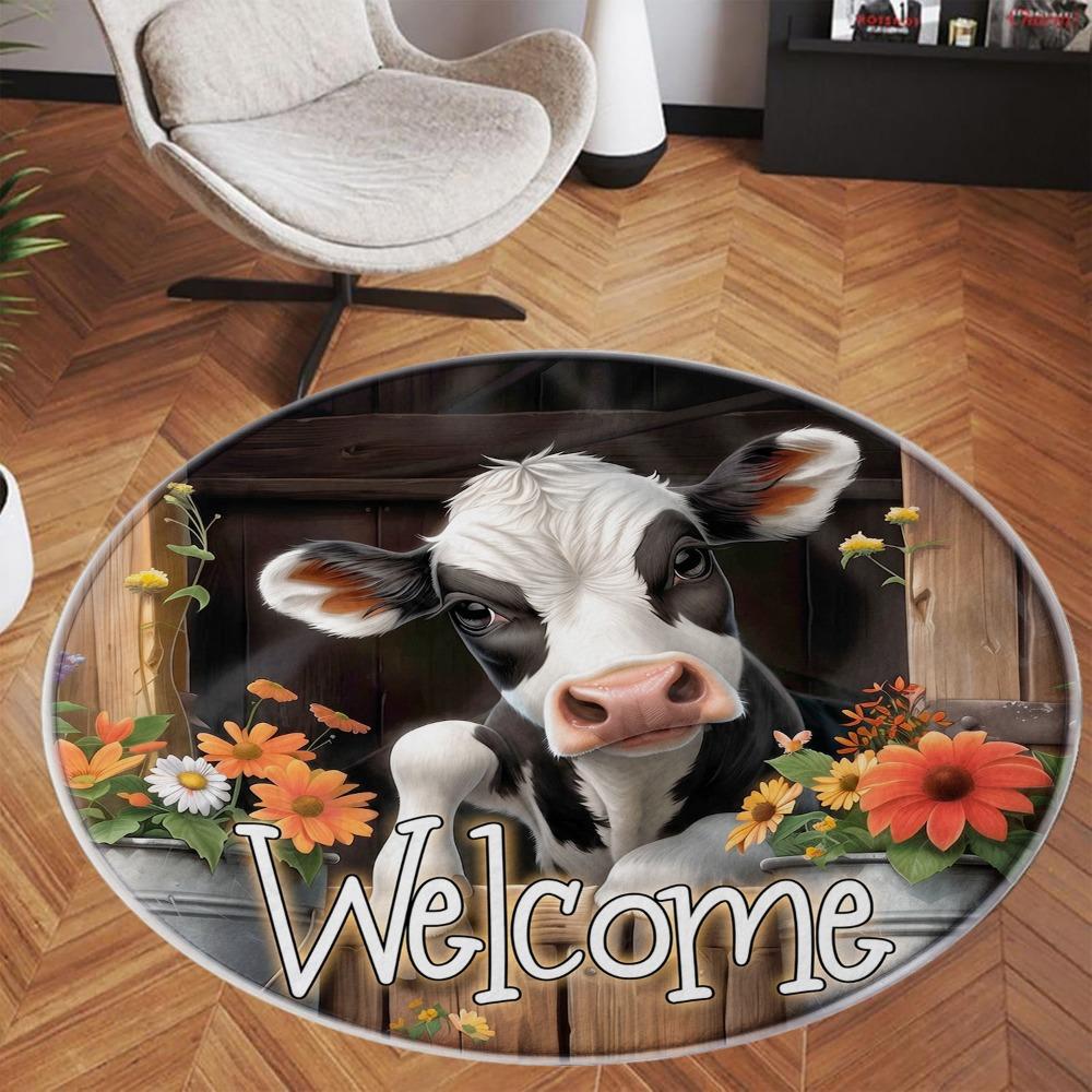 Welcome Sign Cute Cow Dairy Cattle Farmhouse Flower Wooden Door Pattern Holiday Luxury Round Mat Elegant Area Rug Home Decor