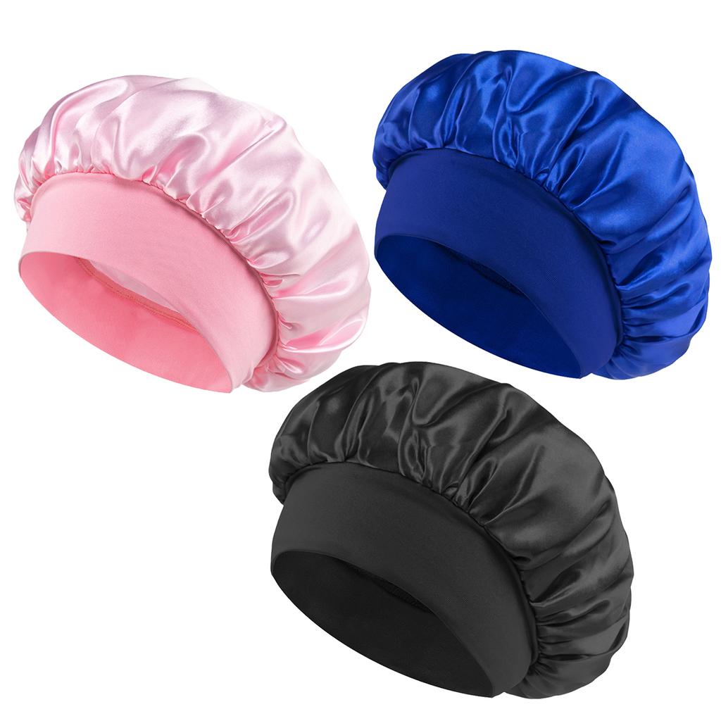 3 шт. Женская однотонная атласная широкополая шапочка для душа, подходит для ежедневного использования, шелковая шапочка, атласная шапочка