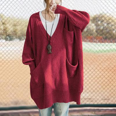 Женский свитер с V-образным вырезом, с длинными рукавами, с карманами, однотонный, свободного кроя, с удлиненным подолом, вязаный топ, одежда для осени и зимы