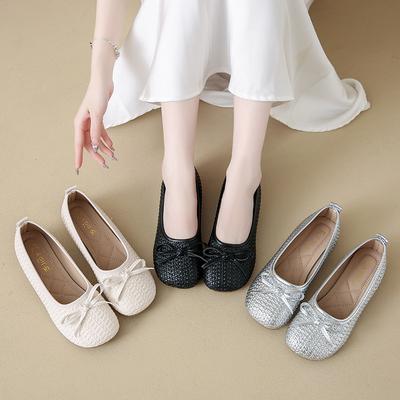 Французские плетеные туфли на толстом каблуке женские 2025 осень и лето новые с бантом юбка один педаль мягкая подошва туфли-бини