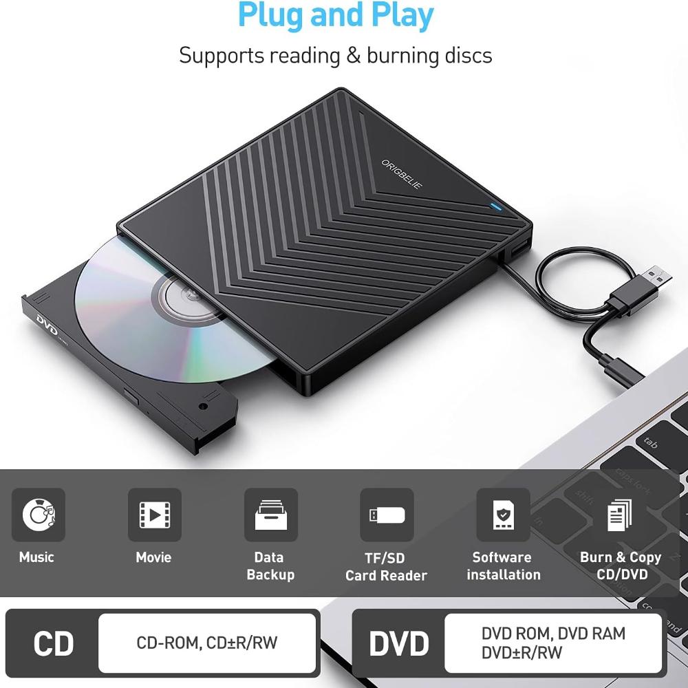 External CD DVD Player USB 3.0 with 4 USB Ports and 2 TF/SD Card Reader, External CD/DVD Drive for Laptop Windows 11/10/8/7/XP/Vista Linux Mac