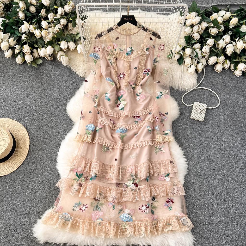 Французское винтажное вечернее платье с вышивкой цветов, летнее платье с длинным рукавом, принцесса, фея, платья, кружево, сетка, оборки, одежда