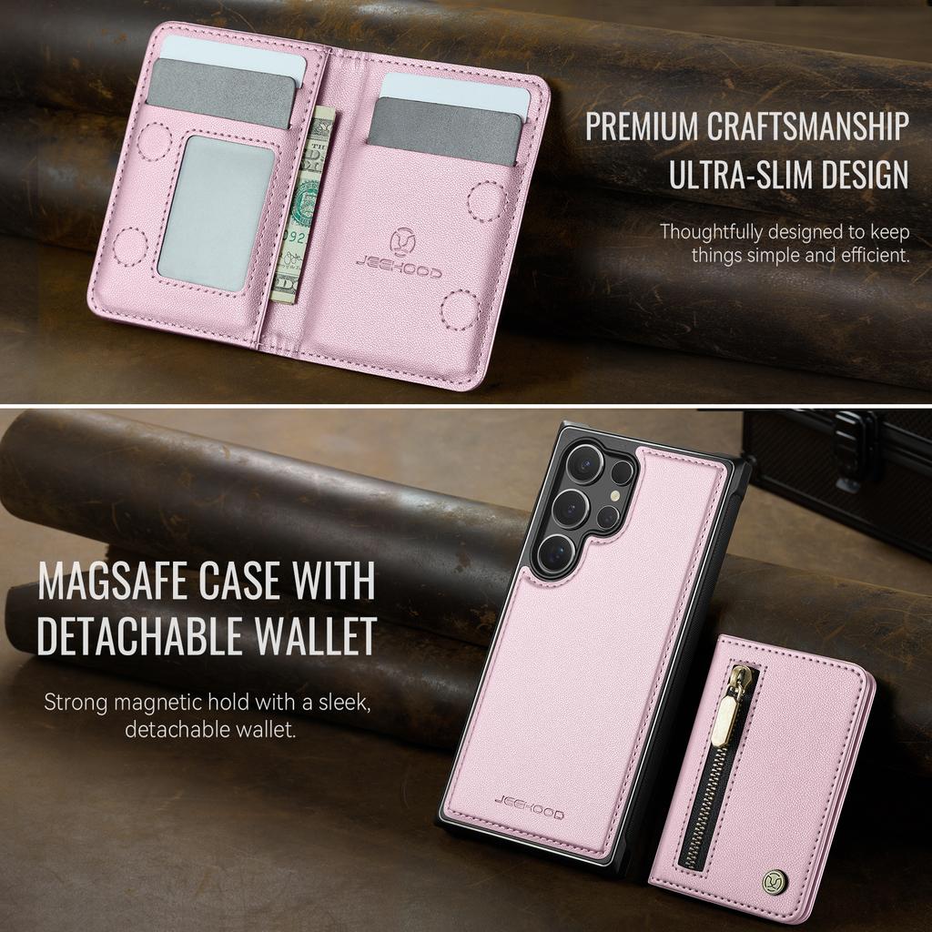 For Samsung Galaxy S26 Ultra Case JEEHOOD J12 Magnetic Detachable Zipper Wallet Kickstand Leather Back Cover Compatible with MagSafe