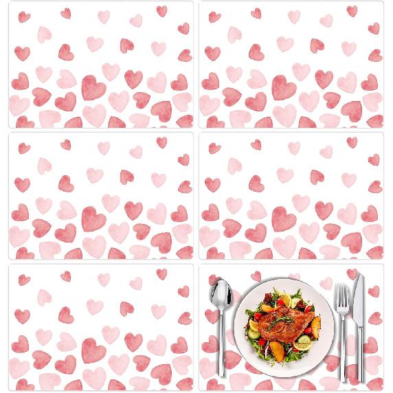 Tarklanda Pink Love Hearts Placemats Set of 6, 11 x 15.7 Inch Washable Vinyl Table Mats Valentine Holiday Plastic Placemats for Anniversary Wedding