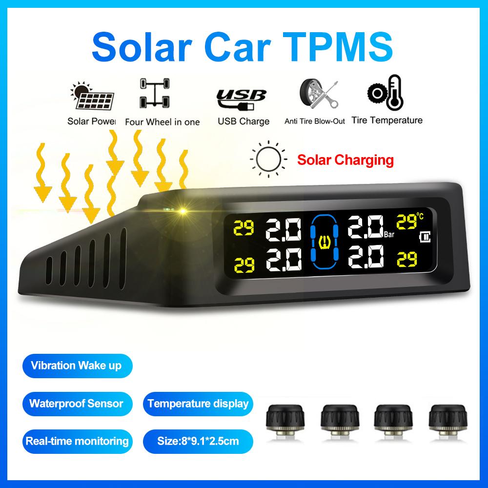 Система контроля давления в шинах автомобиля на солнечных батареях TPMS, безопасность давления в шинах, цветной цифровой дисплей, 4 внешних датчика, предупреждение о температуре и давлении в шинах