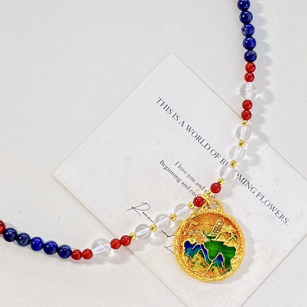 Vintage Natural Lapis Lazuli Chalcedony White Crystal Design Sweater Chain Necklace Collarbone Chain