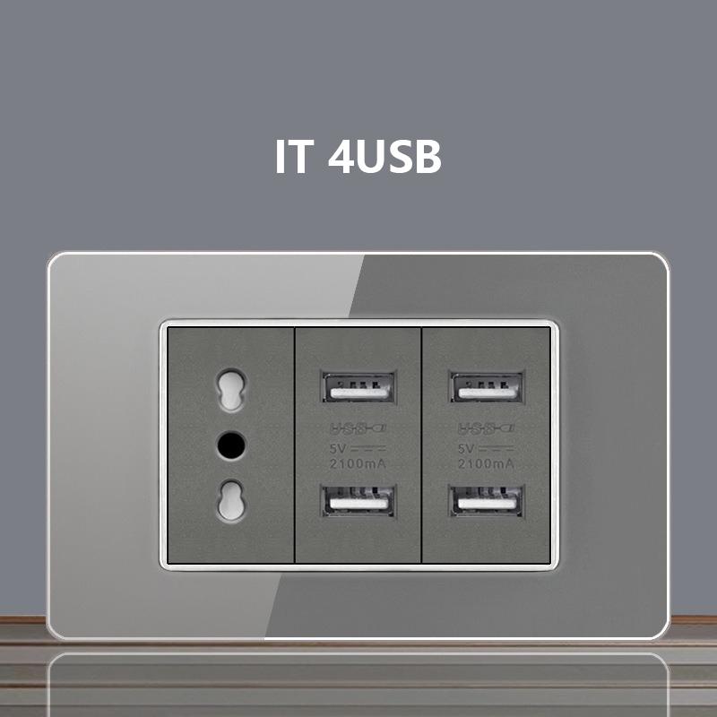 Italy Chile Socket with USB Smart Type-c 20W Fast Charging Glass Wall Electric Light Switch,Thai US Brazil Dual USB Power Socket