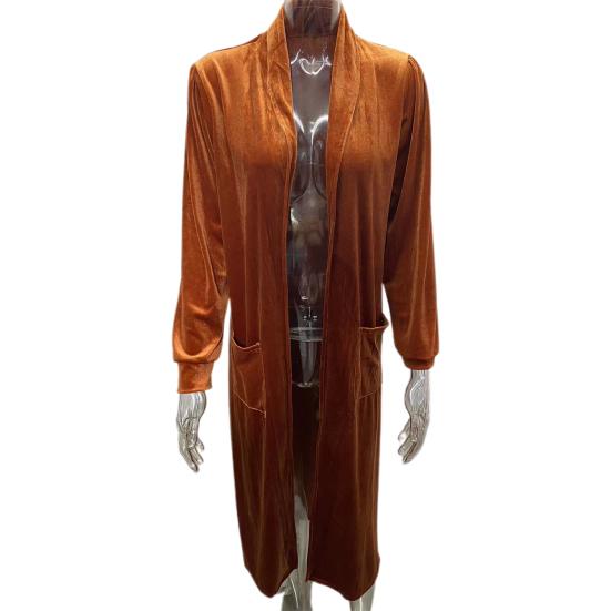 Женский кардиган, пальто с лацканами, длинный рукав, открытая передняя часть, золотистая бархатная ткань, куртка, однотонная, средней длины, верхняя одежда