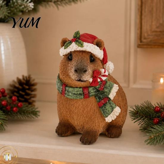 Small Garden Statues for Balcony Christmas Capybara Resin Figurine, Statue with Santa Hat Scarf Wreath, Cozy Interior Decor Pieces Cute Tabletop