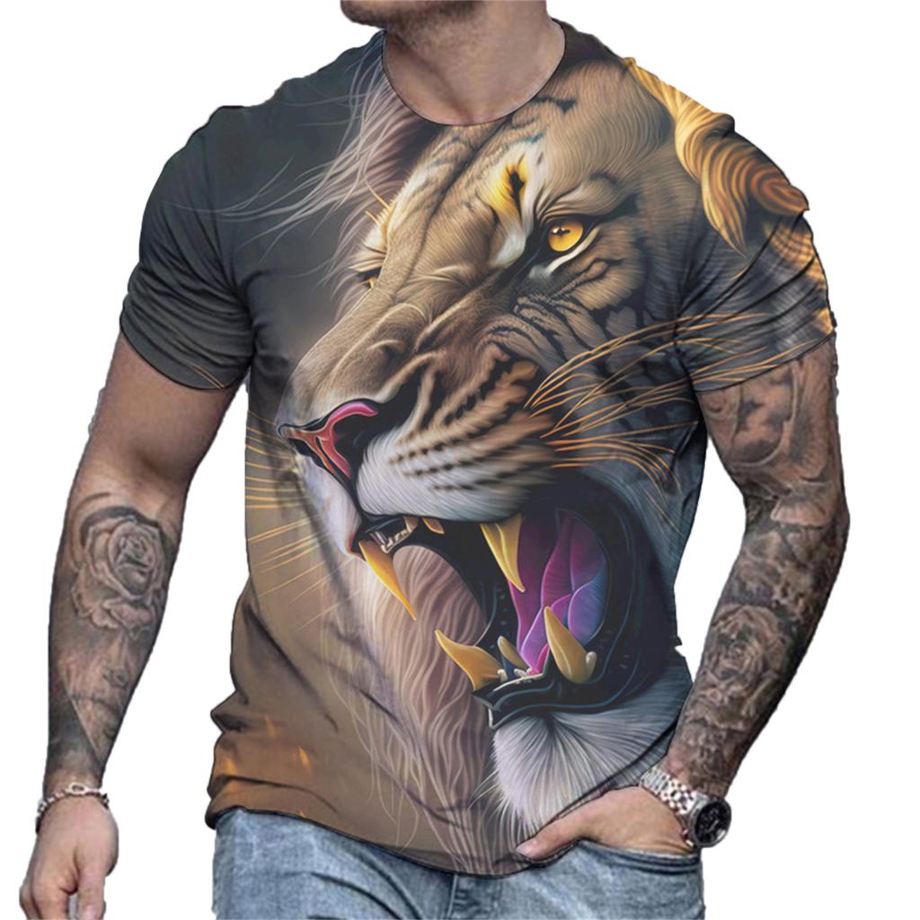 Men's Summer Lion Pattern Tee Casual Loose Sports Top 3D Printed Short Sleeve Retro Men T Shirt