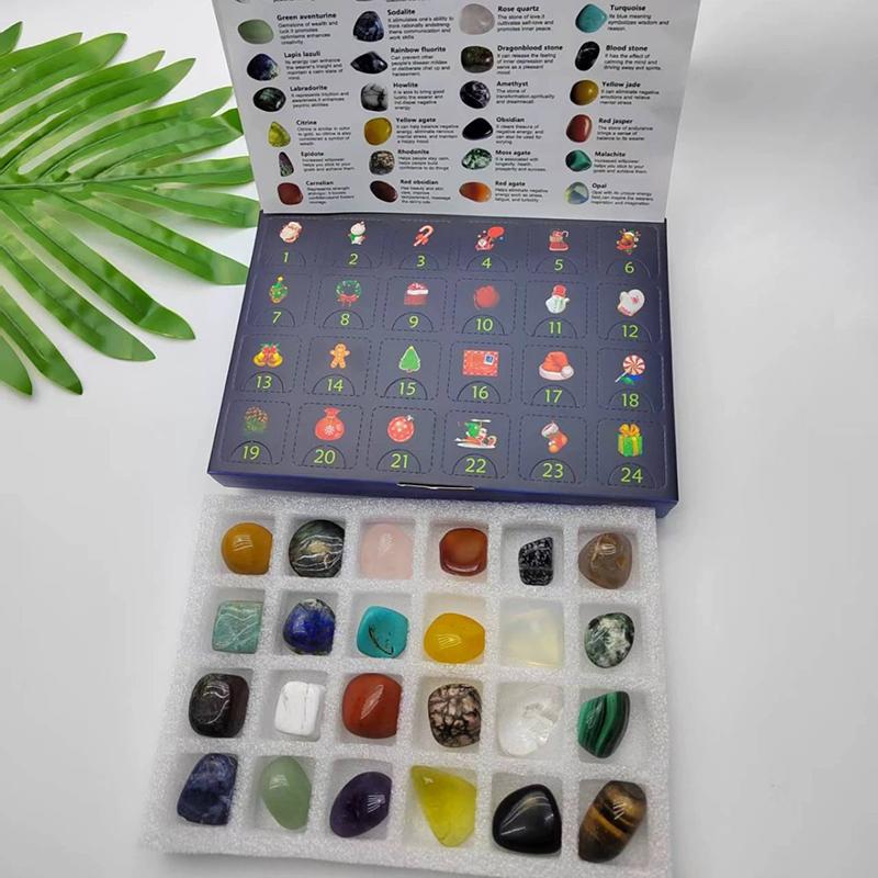 Рождественский адвент-календарь Подарочная коробка с кристаллами и минералами Коллекции камней Галька Полированный гравий Необработанный кристалл Чакра камень