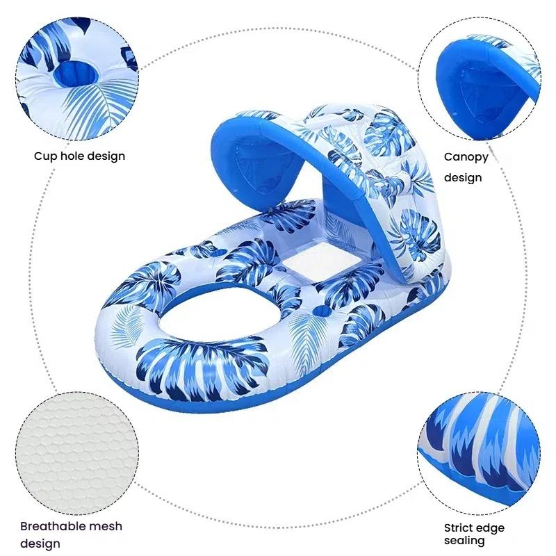 2-in-1 Inflatable Floating Mat & Surfboard for Swimming Pool Beach with Handle Sunshade Kids Adults Toy