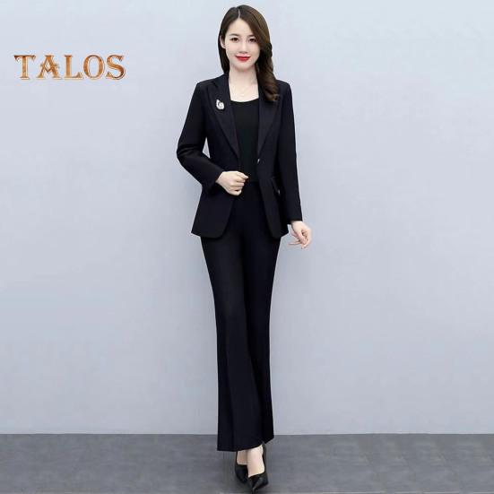 Женский комплект из 2 предметов: пальто и брюки, отложной воротник, длинные рукава, пиджак, облегающий крой, однотонные расклешенные брюки, повседневная одежда для поездок на работу и в офис