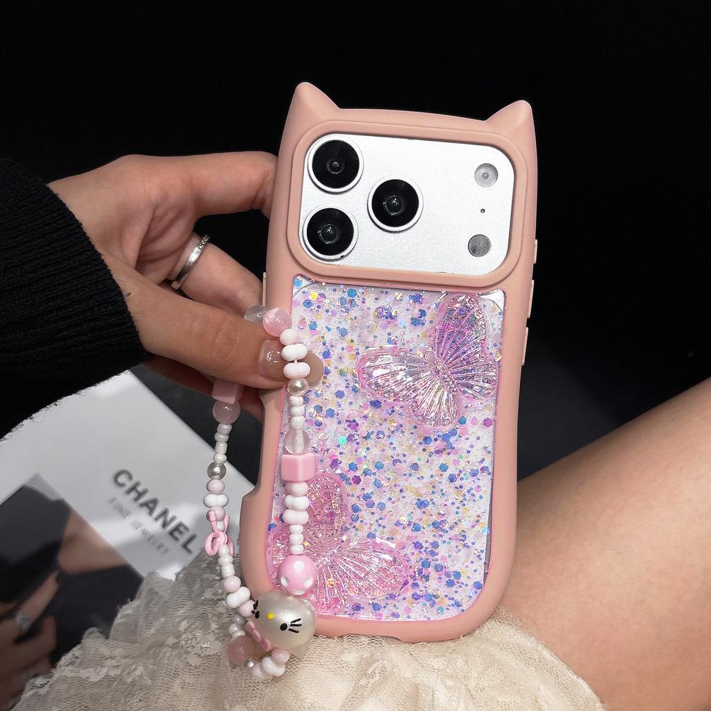 Милый Чехол-Подвеска с Ушками Кошки и Бабочкой Прозрачный для iPhone 17e 16 15 14 13 12 Pro Max 17 Air 11 Большое Окно Мягкие Края